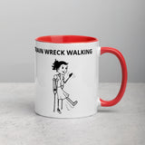 "TRAIN WRECK WALKING" Indie on Crutches, Mug with Color Inside